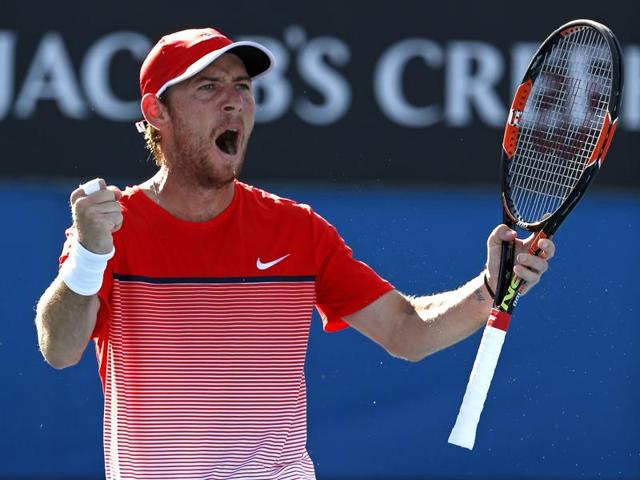 Dudi Sela of Israel celebrates after defeating Fernando Verdasco of Spain in their second round match. (AP Photo)