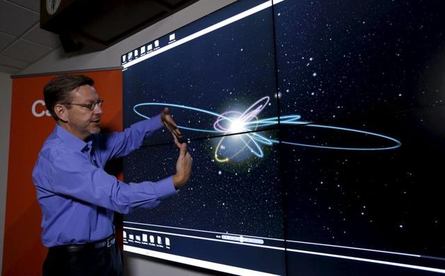 Professor of Planetary Astronomy Mike Brown speaks in front of a computer simulation of the probable orbit of Planet Nine (yellow) at the California Institute of Technology in Pasadena, California. (REUTERS Photo)