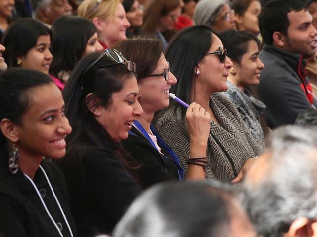 Visitors attend the session ‘The Minor Adjustment Beauty Salon: Celebrating Alexander McCall Smith’ at the JLF. (Sanjeev Verma/HT Photo) Visitors attend the session ‘The Minor Adjustment Beauty Salon: Celebrating Alexander McCall Smith’ at the JLF. (Sanjeev Verma/HT Photo)