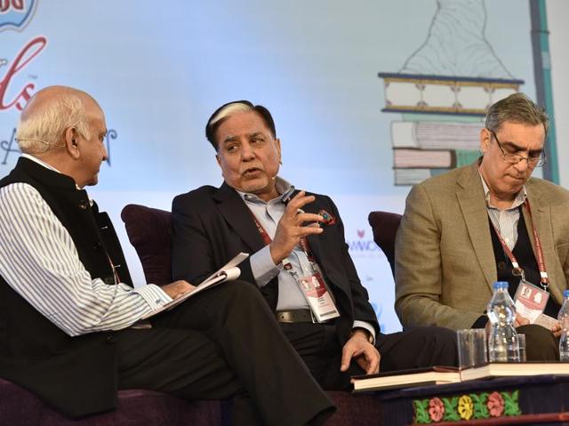 Journalist and BJP leader MJ Akbar, Essel group chairperson Subhash Chandra and chief editor at HarperCollins India Krishan Chopra are seen during the session ‘The Z Factor’ at the JLF. (Sanjeev Verma/ HT Photo) Journalist and BJP leader MJ Akbar, Essel group chairperson Subhash Chandra and chief editor at HarperCollins India Krishan Chopra are seen during the session ‘The Z Factor’ at the JLF. (Sanjeev Verma/ HT Photo)