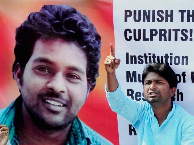 A member of Social Fronts and Students Organisation stage a protest over the death of Rohit Vemula, a doctorate student at the Hyderabad Central University who was found hanging in a hostel room, in Nagpur.(PTI Photo) A member of Social Fronts and Students Organisation stage a protest over the death of Rohit Vemula, a doctorate student at the Hyderabad Central University who was found hanging in a hostel room, in Nagpur.(PTI Photo)