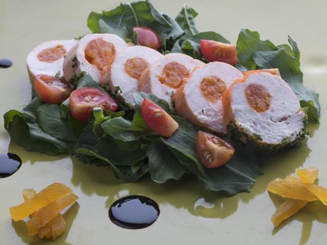 Chicken Roulade Stuffed with Apricot Jelly, by chef Mukul Jha.(Photo: Aalok Soni/ HT)