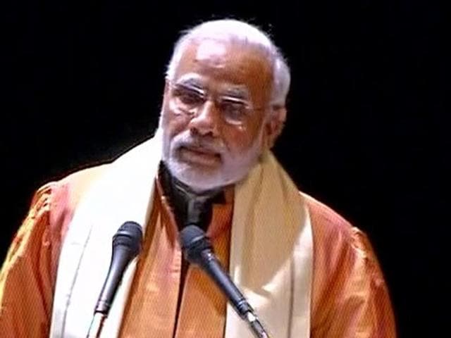 Prime Minister Narendra Modi was attending a convocation ceremony at the Babasaheb Bhimrao Ambedkar University on Friday after distributing assistive devices to over 9,000 differently-abled persons and flagging off a new train in Varanasi. (ANI Photo) Prime Minister Narendra Modi was attending a convocation ceremony at the Babasaheb Bhimrao Ambedkar University on Friday after distributing assistive devices to over 9,000 differently-abled persons and flagging off a new train in Varanasi. (ANI Photo)