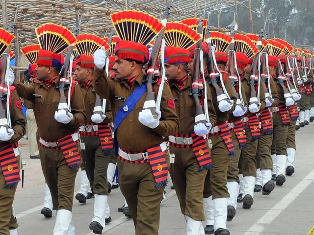 Full dress rehearsal of Republic Day parade at Sector 17 Parade Ground in Chandigarh on Friday. (Karun Sharma/HT Photo) Full dress rehearsal of Republic Day parade at Sector 17 Parade Ground in Chandigarh on Friday. (Karun Sharma/HT Photo)