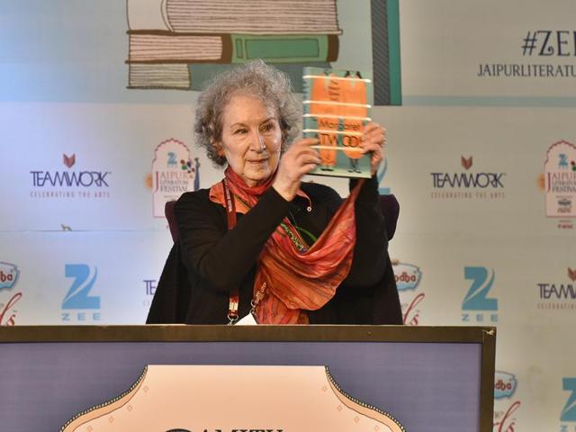 Writer Margaret Atwood launches her book during the session The Heart Goes Last at JLF 2016 on Friday. (Sanjeev Verma/HT Photo) Writer Margaret Atwood launches her book during the session The Heart Goes Last at JLF 2016 on Friday. (Sanjeev Verma/HT Photo)