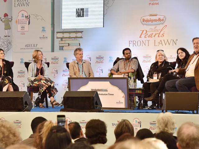 (Left to right) Esther Freud, Christina Lamb, Blake Morrison, Samanth Subramanian, Brigid Keenan, Helen Macdonald and Stephen Fry during the session titled Selfie at Jaipur Literature Festival 2016 on Friday, January 22, 2016. (Sanjeev Verma/HT Photo) (Left to right) Esther Freud, Christina Lamb, Blake Morrison, Samanth Subramanian, Brigid Keenan, Helen Macdonald and Stephen Fry during the session titled Selfie at Jaipur Literature Festival 2016 on Friday, January 22, 2016. (Sanjeev Verma/HT Photo)