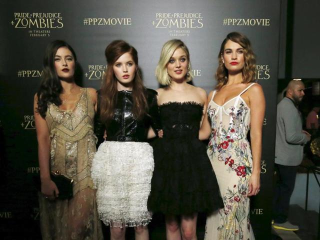 Cast members Millie Brady, Ellie Bamber, Bella Heathcote and Lily James pose at the premiere of Pride and Prejudice and Zombies in Los Angeles. (REUTERS) 