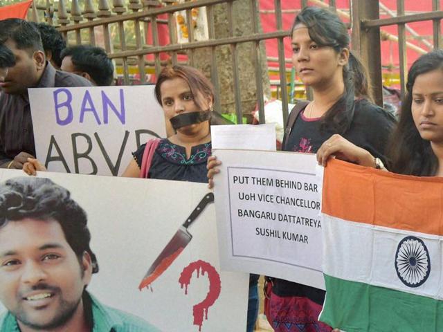 Hyderabad: Students protesting after the suicide of dalit student Rohith Vemula at Hyderabad Central University in Hyderabad on Thursday. (PTI) Hyderabad: Students protesting after the suicide of dalit student Rohith Vemula at Hyderabad Central University in Hyderabad on Thursday. (PTI)