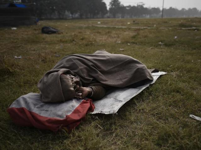 ‘The sky is my ceiling.The grass is my bed’:  A man sleeps at a park on a cold winter morning in the walled city of New Delhi. (Ravi Choudhary/HT Photo) 