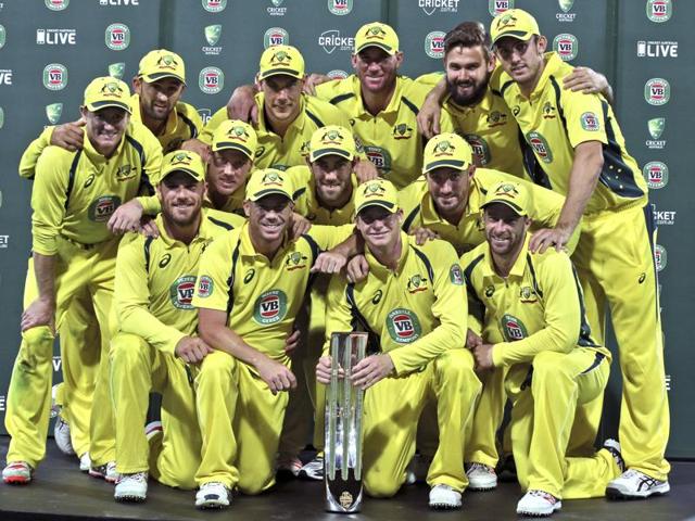Australia cricket team pose as they celebrate winning their One Day International cricket series. (AP Photo) Australia cricket team pose as they celebrate winning their One Day International cricket series. (AP Photo)