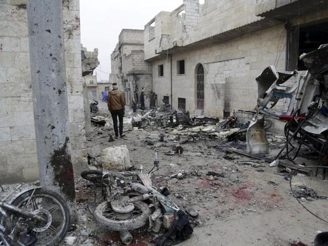 Bloodstains are seen at a site hit by what activists said were three consecutive air strikes carried out by the Russian air force in the rebel-controlled area of Maaret al-Numan town in Idlib province of Syria.(REUTERS) Bloodstains are seen at a site hit by what activists said were three consecutive air strikes carried out by the Russian air force in the rebel-controlled area of Maaret al-Numan town in Idlib province of Syria.(REUTERS)