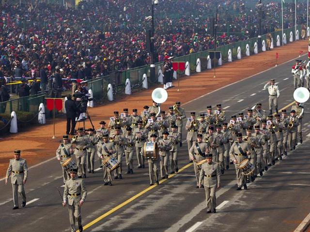 A French army band marches during the full dress rehearsal of the Republic Day parade, in New Delhi, India , Saturday, Jan. 23, 2016. (AP) A French army band marches during the full dress rehearsal of the Republic Day parade, in New Delhi, India , Saturday, Jan. 23, 2016. (AP)