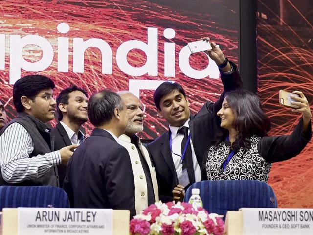 Prime Minister Narendra Modi, finance minister Arun Jaitley, commerce and industry minister Nirmala Sitharaman and delegates pose at the launching of the "Startup India" action plan in New Delhi. (PTI) Prime Minister Narendra Modi, finance minister Arun Jaitley, commerce and industry minister Nirmala Sitharaman and delegates pose at the launching of the "Startup India" action plan in New Delhi. (PTI)
