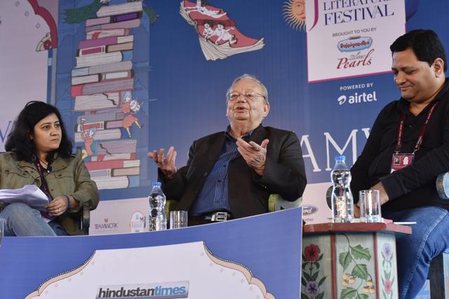 Ruskin Bond (centre) with Himali Sodhi and Udayan Mitra during the session Room on the roof at JLF on Friday. (Sanjeev Verma/HT Photo ) Ruskin Bond (centre) with Himali Sodhi and Udayan Mitra during the session Room on the roof at JLF on Friday. (Sanjeev Verma/HT Photo )