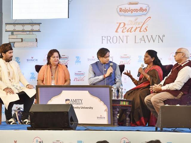From left: Syed Salman Chishty, Pinky Anand, Shashi Tharoor, P.Sivakami and Sudheendra Kulkarni during the session The Need to Listen: Dialogue versus Rhetoric at the Jaipur Literature Festival 2016, in Jaipur, on Saturday.(Sanjeev Verma/HT Photo)