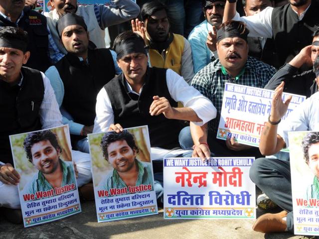 Students protesting after the suicide of dalit student Rohith Vemula at Hyderabad Central University in Hyderabad on Thursday. (PTI) Students protesting after the suicide of dalit student Rohith Vemula at Hyderabad Central University in Hyderabad on Thursday. (PTI)