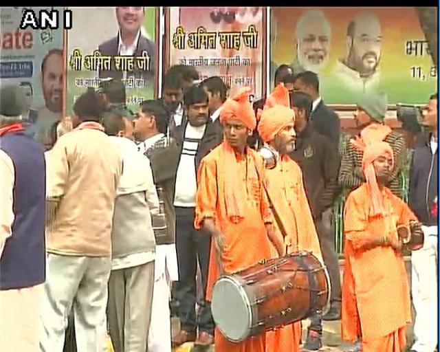 Supporters of BJP president Amit Shah at the party headquarters in New Delhi on Sunday, January 24, 2016. (ANI)