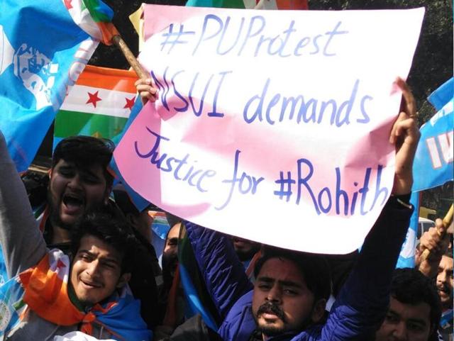 NSUI members stage protest ahead of Narendra Modi’s visit to Chandigarh. (Ravi Kumar/HT Photo)