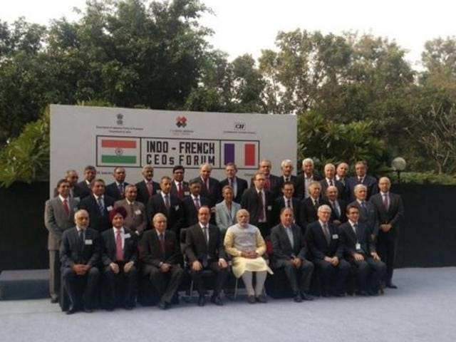 Modi and Hollande along with other delegates at India-France Business Summit in Chandigarh on Sunday. (Photo Credits-PMO Twitter Handle)