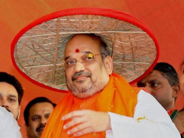 BJP leaders Rajnath Singh, Nitin Gadkari and Venkaiah Naidu greets Amit Shah after he was re elected as party president at BJP HQ in New Delhi on Sunday. (Arvind Yadav/ HT Photo) BJP leaders Rajnath Singh, Nitin Gadkari and Venkaiah Naidu greets Amit Shah after he was re elected as party president at BJP HQ in New Delhi on Sunday. (Arvind Yadav/ HT Photo)