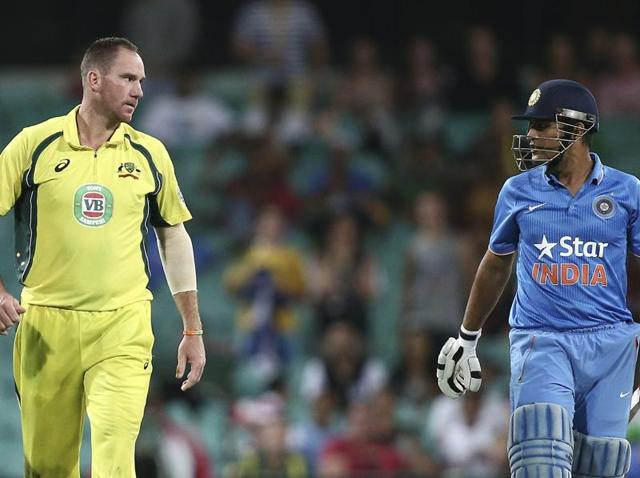 Australia's John Hastings, left, stares at India's MS Dhoni after an unsuccessful appeal for his wicket during their One Day International cricket match in Sydney on January 23, 2016. (AP Photo) Australia's John Hastings, left, stares at India's MS Dhoni after an unsuccessful appeal for his wicket during their One Day International cricket match in Sydney on January 23, 2016. (AP Photo)