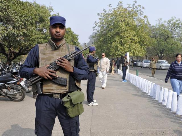 Security personnel standing guard outside the Rock Garden ahead of the French President and Indian Prime Minister’s visit in Chandigarh.(Gurminder Singh/HT Photo) Security personnel standing guard outside the Rock Garden ahead of the French President and Indian Prime Minister’s visit in Chandigarh.(Gurminder Singh/HT Photo)