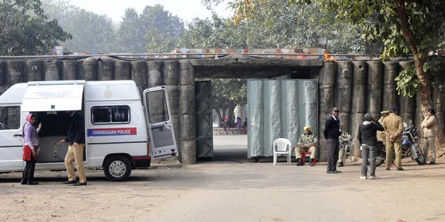 Security personnel outside Rock Garden in Chandigarh on Saturday. (Gurminder Singh/HT Photo)