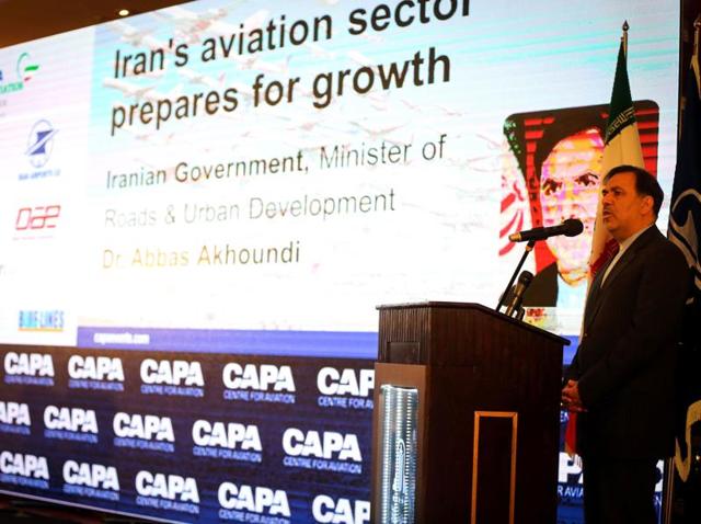 Iranian minister of transportation Abbas Ahmad Akhoundi speaks during the CAPA 2016 Iran Aviation Summit in Tehran. (AFP) Iranian minister of transportation Abbas Ahmad Akhoundi speaks during the CAPA 2016 Iran Aviation Summit in Tehran. (AFP)