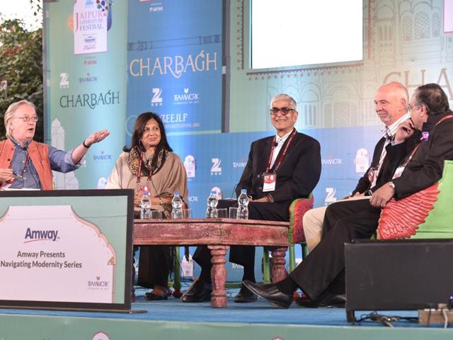 Chairman and managing director of Biocon Limited, Kiram Mazumdar Shaw (second from left), John Elliott (left), former SEBI chairman of Jaipur Foot fame, DR Mehta(centre), president of Ford India, Nigel Harris (second from right) and secretary general, Ficci, A Didar Singh during a session Make in India at the Jaipur Literature Festival 2016 in Jaipur on Sunday.(Sanjeev Verma/HT Photo) Chairman and managing director of Biocon Limited, Kiram Mazumdar Shaw (second from left), John Elliott (left), former SEBI chairman of Jaipur Foot fame, DR Mehta(centre), president of Ford India, Nigel Harris (second from right) and secretary general, Ficci, A Didar Singh during a session Make in India at the Jaipur Literature Festival 2016 in Jaipur on Sunday.(Sanjeev Verma/HT Photo)