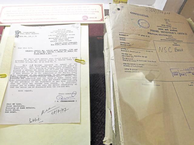 The declassified files at the National Archives of India in New Delhi on Saturday.(Sonu Mehta/HT Photo)