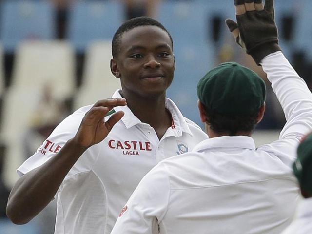 South Africa’s bowler Kagiso Rabada celebrates with teammates after dismissing Jonathan Bairstow. (AP Photo) South Africa’s bowler Kagiso Rabada celebrates with teammates after dismissing Jonathan Bairstow. (AP Photo)