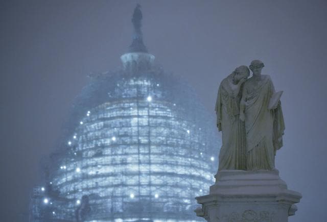 A statue is seen in front of the US Capitol in Washington, DC, as snow continues to fall on January 22, 2016. (AFP)
