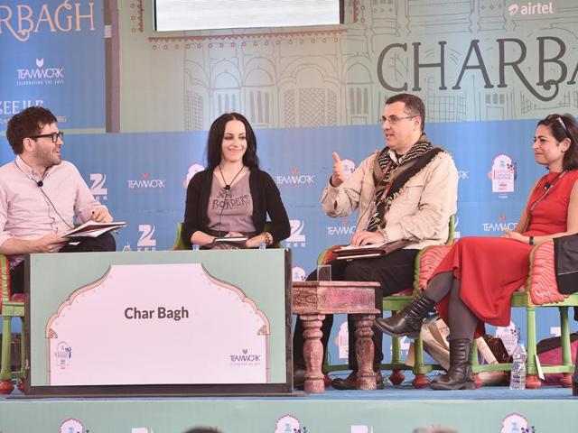 Journalist Jonathan Shainin (left) moderating the session, Eyeless in Gaza with Molly Crabapple (second from left) OmarBarghouti (second from right) and Laleh Khalili (right) at the Jaipur Literature Festival in Jaipur on Monday.(Sanjeev Verma/HT Photo) Journalist Jonathan Shainin (left) moderating the session, Eyeless in Gaza with Molly Crabapple (second from left) OmarBarghouti (second from right) and Laleh Khalili (right) at the Jaipur Literature Festival in Jaipur on Monday.(Sanjeev Verma/HT Photo)