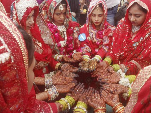 Muslim brides during a mass marriage ceremony in Ahmedabad on Saturday. (PTI)