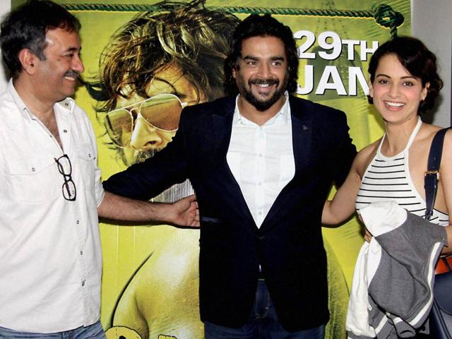 R Madhavan and Kangana Ranaut with filmmaker Rajkumar Hirani during the screening of Saala Khadoos, in Mumbai. (PTI) R Madhavan and Kangana Ranaut with filmmaker Rajkumar Hirani during the screening of Saala Khadoos, in Mumbai. (PTI)