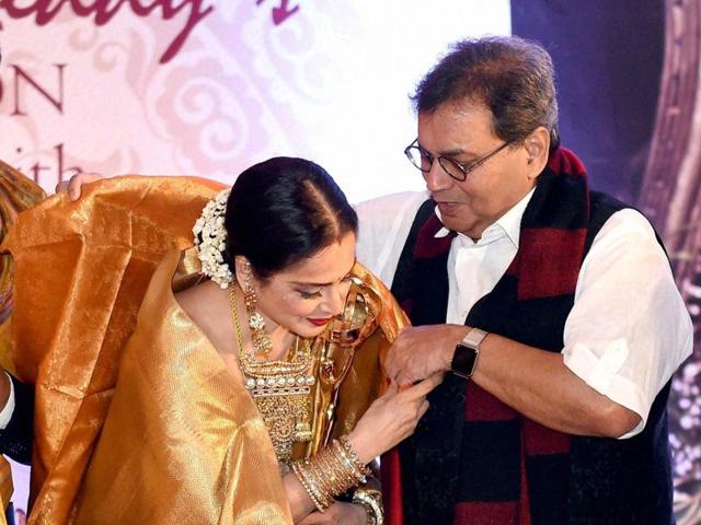 Filmmaker Subhash Ghai felicitates veteran star Rekha during the 3rd Yash Chopra Memorial award which was conferred to her in Mumbai. (PTI) Filmmaker Subhash Ghai felicitates veteran star Rekha during the 3rd Yash Chopra Memorial award which was conferred to her in Mumbai. (PTI)