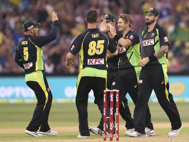 Australia's Shane Watson celebrates a wicket with his teammates during their T20 International match against India. (AP Photo) Australia's Shane Watson celebrates a wicket with his teammates during their T20 International match against India. (AP Photo)