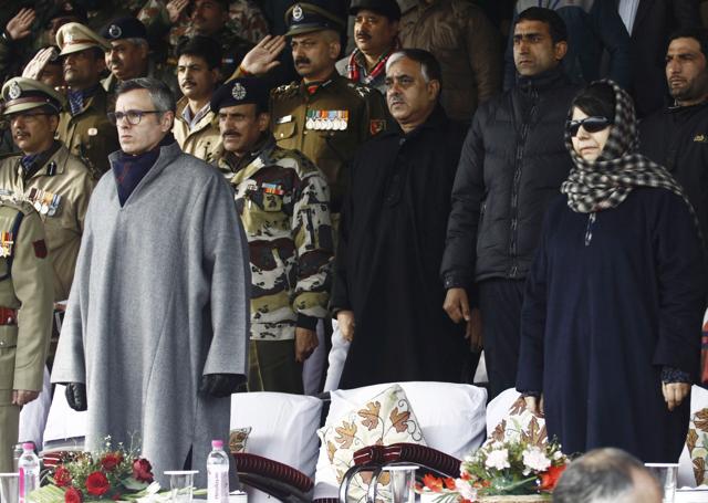 PDP president Mehbooba Mufti and former J-K chief minister Omar Abdullah during India's 67th Republic Day celebrations in Srinagar. (Waseem Andrabi/HT Photo) PDP president Mehbooba Mufti and former J-K chief minister Omar Abdullah during India's 67th Republic Day celebrations in Srinagar. (Waseem Andrabi/HT Photo)