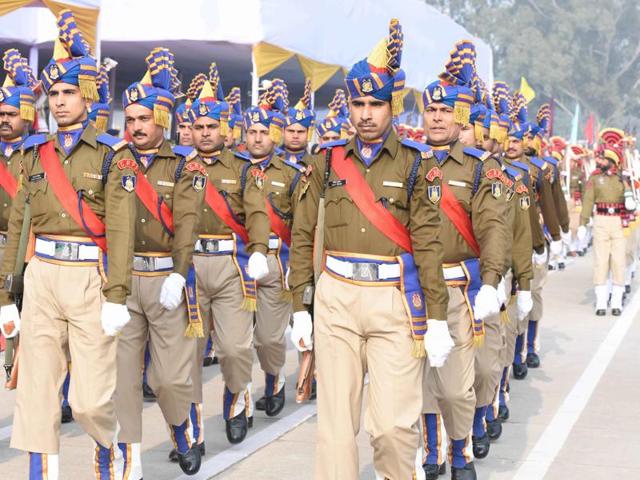 Police personnel participating in at Republic Day Parade in Parade Ground in Sector 17, Chandigarh. (Sanjeev Sharma/HT Photo) Police personnel participating in at Republic Day Parade in Parade Ground in Sector 17, Chandigarh. (Sanjeev Sharma/HT Photo)