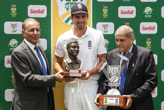 England's Captain Alastair Cook receives the Basil D'Oliveira trophy as the series winning team at the end of day 5 of the fourth Test match between England and South Africa at Supersport stadium. (AFP Photo) England's Captain Alastair Cook receives the Basil D'Oliveira trophy as the series winning team at the end of day 5 of the fourth Test match between England and South Africa at Supersport stadium. (AFP Photo)