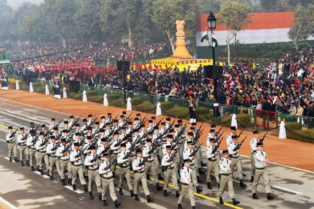 The French marching contingent of the 35th Infantry Regiment of the French Army march during India's Republic Day parade in New Delhi on January 26, 2016, the first time that foreign military soldiers have taken part in the parade. (AFP)