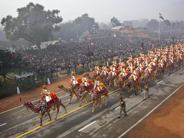 A contingent of camel mounted soldiers of the Border Security Force (BSF) march down Rajpath during the Republic Day parade in New Delhi. (AP Photo) 