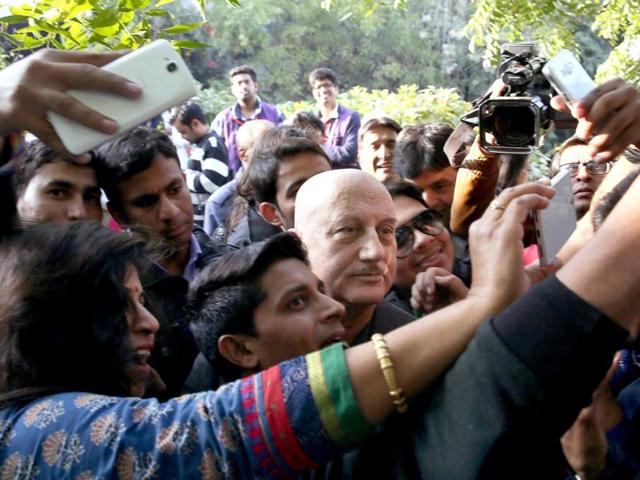 Actor Anupam Kher surrounded by visitors while he was leaving after a media interaction as his name was being announced as Padma Bhushan award recipient by the government, at Jaipur Literary Festival, at Diggi Palace, in Jaipur, Rajasthan. (Photo by Himanshu Vyas/Hindustan Times) Actor Anupam Kher surrounded by visitors while he was leaving after a media interaction as his name was being announced as Padma Bhushan award recipient by the government, at Jaipur Literary Festival, at Diggi Palace, in Jaipur, Rajasthan. (Photo by Himanshu Vyas/Hindustan Times)