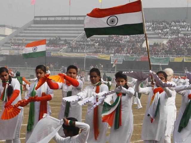 Students unfurling the Indian flag during cultural program in Ludhiana. (Jagtinder Singh Grewal/HT Photo) Students unfurling the Indian flag during cultural program in Ludhiana. (Jagtinder Singh Grewal/HT Photo)