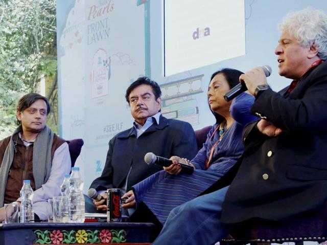 Bollywood actor & BJP Leader Shatrughan Sinha with Congress MP Shashi Tharoor, Bharathi S. Pradhan and Suhel Seth attending a session at the Jaipur Literature Festival at Diggi Palace in Jaipur on Monday. (PTI) Bollywood actor & BJP Leader Shatrughan Sinha with Congress MP Shashi Tharoor, Bharathi S. Pradhan and Suhel Seth attending a session at the Jaipur Literature Festival at Diggi Palace in Jaipur on Monday. (PTI)