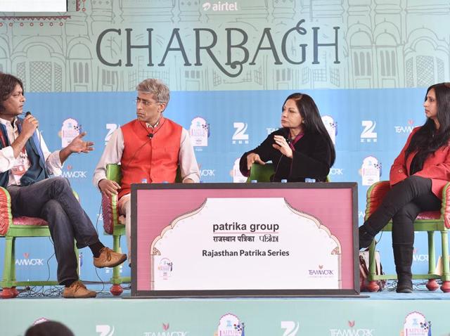 Avirook Sen (L), Rohit Gandhi (2L), Madhu Trehan (2R), and Shoma Chaughury (R) during the session "Trial by Media” at Jaipur literary festival 2016, in Jaipur on Monday, January 25. (Photo by Sanjeev Verma/Hindiustan Times) Avirook Sen (L), Rohit Gandhi (2L), Madhu Trehan (2R), and Shoma Chaughury (R) during the session "Trial by Media” at Jaipur literary festival 2016, in Jaipur on Monday, January 25. (Photo by Sanjeev Verma/Hindiustan Times)
