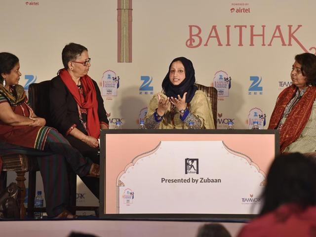 Writer Sumathy Sivamohan (left), Laxmi Murthy (secnd from left), author Essar Batoola (second from right) and Bangladesh academic Meghna Guhathakurta (right) during the session Body of Evidence: Sexual Violence and the Search for Justice in South Asia at the Jaipur Literature Festival 2016 in Jaipur on Sunday. (Sanjeev Verma/HT Photo) Writer Sumathy Sivamohan (left), Laxmi Murthy (secnd from left), author Essar Batoola (second from right) and Bangladesh academic Meghna Guhathakurta (right) during the session Body of Evidence: Sexual Violence and the Search for Justice in South Asia at the Jaipur Literature Festival 2016 in Jaipur on Sunday. (Sanjeev Verma/HT Photo)