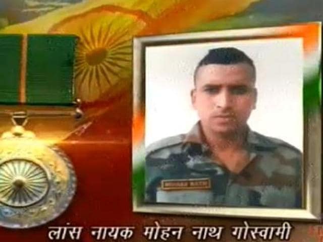 Lance Naik Mohan Nath Goswami, who killed 10 guerrillas in Jammu and Kashmir before attaining martyrdom, was posthumously awarded Ashok Chakra on Tuesday. It was received by his wife Bhavna Goswami on the occasion of India’s 67th Republic Day.(Picture courtesy: PIB) Lance Naik Mohan Nath Goswami, who killed 10 guerrillas in Jammu and Kashmir before attaining martyrdom, was posthumously awarded Ashok Chakra on Tuesday. It was received by his wife Bhavna Goswami on the occasion of India’s 67th Republic Day.(Picture courtesy: PIB)