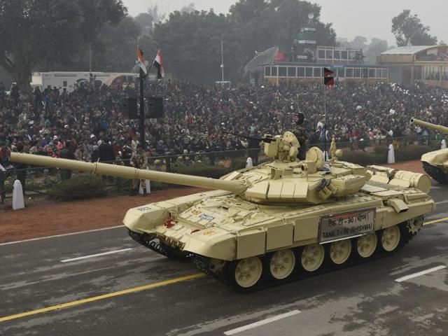 T-90 Bhishma tanks on Rajpath during the Republic Day parade in New Delhi on Tuesday. (Vipin Kumar/HT Photo) T-90 Bhishma tanks on Rajpath during the Republic Day parade in New Delhi on Tuesday. (Vipin Kumar/HT Photo)