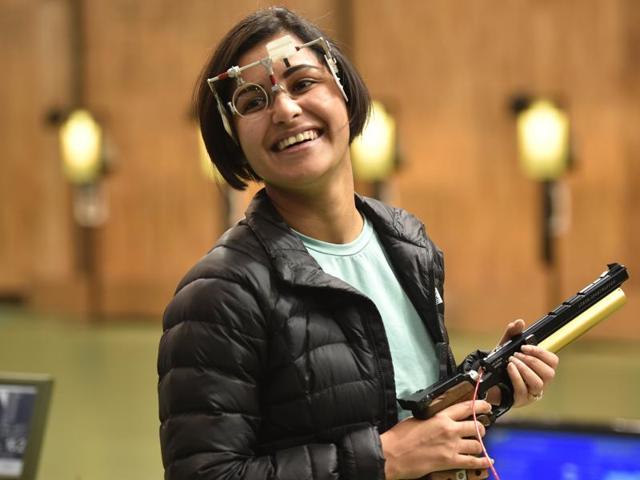 Shooter Heena Sidhu is all smiles after winning gold in the 10 metre air pistol in Asian Olympic Qualifying Competition at Dr Karni Singh Shooting Range in New Delhi. (Ravi Choudhary/ HT Photo) Shooter Heena Sidhu is all smiles after winning gold in the 10 metre air pistol in Asian Olympic Qualifying Competition at Dr Karni Singh Shooting Range in New Delhi. (Ravi Choudhary/ HT Photo)